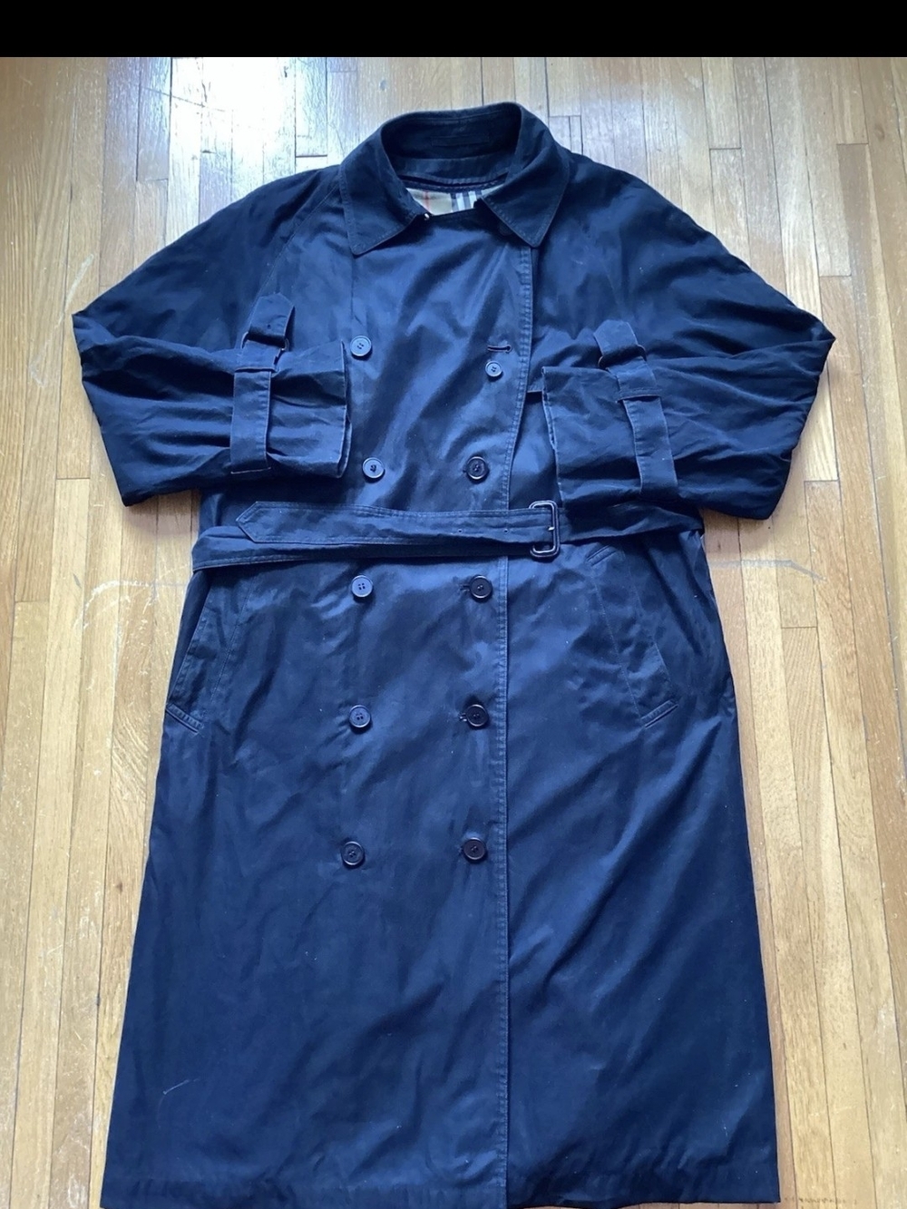Luxe Burberry London Men 40R Solid Black Cotton Long Belted Overcoat,Wool Liner